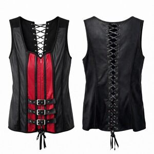Hot Topic Black Red Faux Leather Lace Up Corset Buckle Vest Size 2/2X Goth Punk
